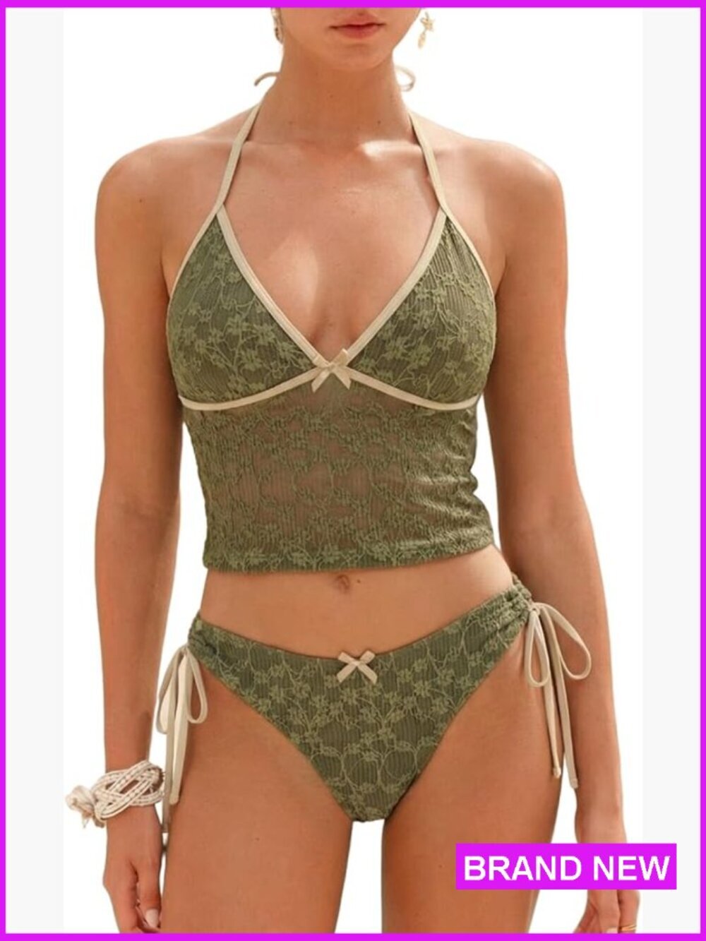 Tankini Set V Neck Halter Tie Side Thong 2 Piece Swimsuit Lace